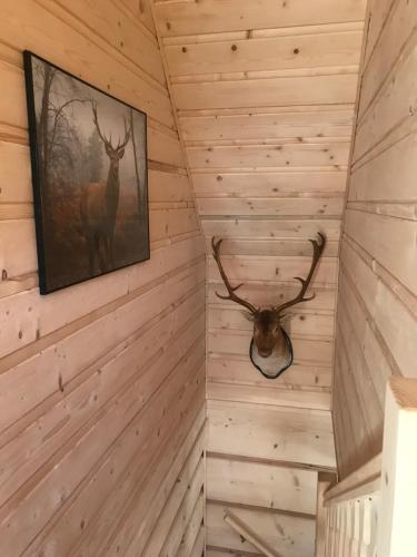a log cabin with a deer head on the wall at Dartmoor Cottage in Steninge