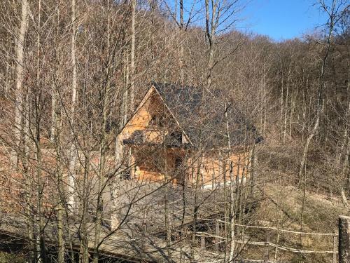 Swiss Chalet في Steninge: كابينة خشب في وسط الغابة