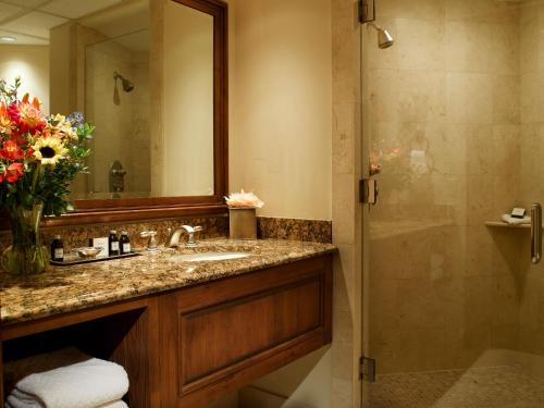 a bathroom with a sink and a shower at Tivoli Lodge in Vail