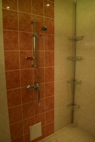 a shower in a bathroom with a glass door at Mere Holiday House in Salme