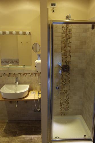 a bathroom with a shower and a sink at Piccolo Hotel Aurora in Abbadia San Salvatore