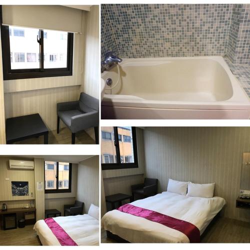 two pictures of a hotel room with a bed and a bath tub at Every Day Hot Spring Hotel in Jiaoxi