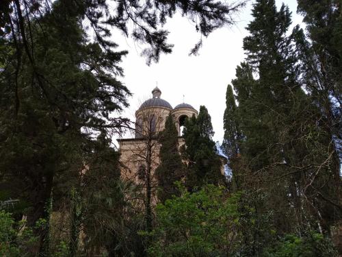 a building behind some trees with a tower at Downtown guest house in Kutaisi