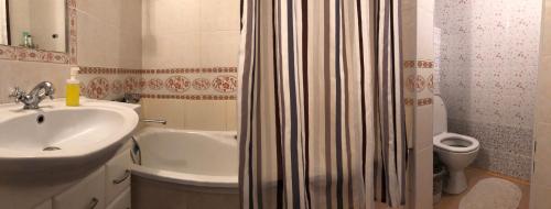 a bathroom with a sink and a shower curtain at Bon Voyazh in Velikiye Luki