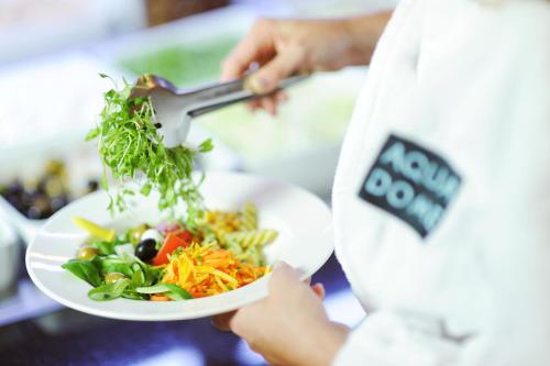 a person holding a plate of food with a salad at Aqua Dome 4 Sterne Superior Hotel & Tirol Therme Längenfeld in Längenfeld
