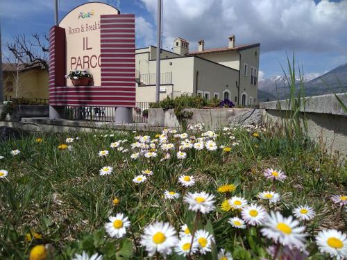 a field with a bunch of flowers in front of a building at R&B Il Parco in Assergi