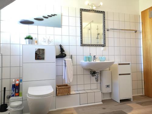 a bathroom with a toilet and a sink at Place to be Fehmarn in Fehmarn