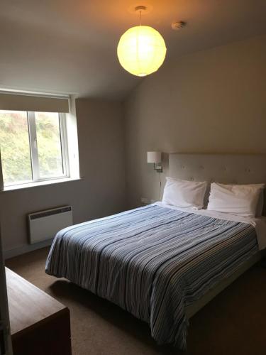 ein Schlafzimmer mit einem großen Bett mit einer Lampe in der Unterkunft Inchydoney Apt 6, Block D in Clonakilty