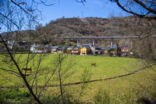 two horses grazing in a field with a hill in the background at Hotel Ambasmestas in Ambasmestas