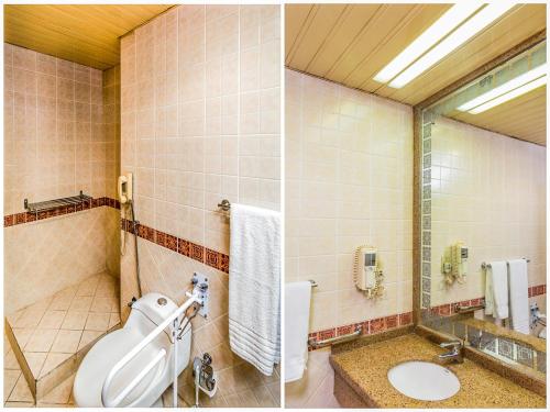 two pictures of a bathroom with a toilet and a sink at Al Asemah Hotel in Riyadh