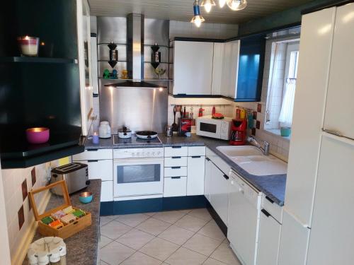 a small kitchen with white cabinets and a sink at Sonnenoase am Dachsberg zwischen München, Tegernsee, Chiemsee, Messe München in Moosach