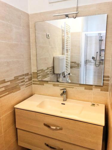 łazienka z umywalką i lustrem w obiekcie Hotel Amoha w Rimini