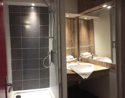 La salle de bains est pourvue d'un lavabo et d'une douche avec un miroir. dans l'établissement Village Vacances Le Tarbesou, à Ax-les-Thermes