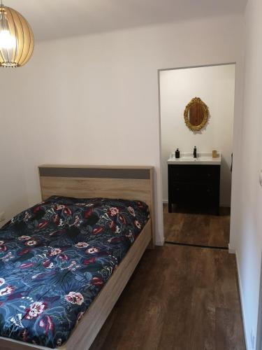 une chambre avec un lit et un lavabo dans l'établissement À La Cour de Ribeauvillé avec garage, à Ribeauvillé