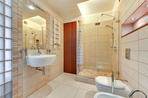 a bathroom with a sink and a toilet and a shower at Blue Mandarin Apartments in Sopot