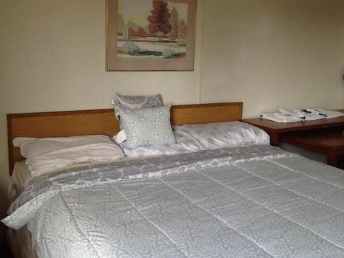 a bedroom with a white bed with a desk at Rosenberg Motel in Galveston