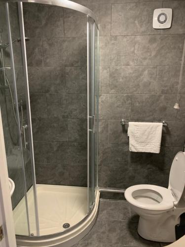 a bathroom with a toilet and a glass shower at The Wellington Hotel in Howden
