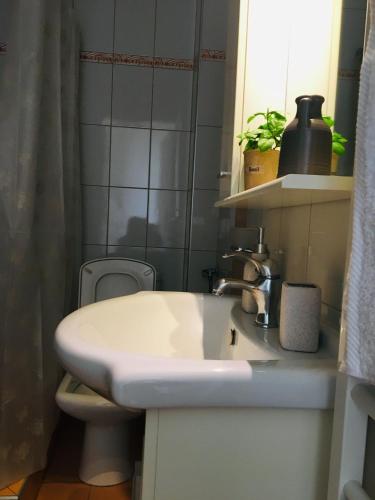 a bathroom with a white sink and a toilet at Irini Apartments in Kavala