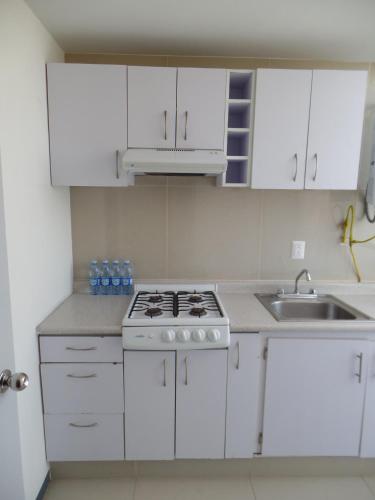 a white kitchen with a stove and a sink at Hotel Suites Bernini in Guadalajara