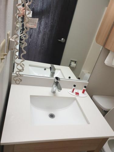 a bathroom with a white sink and a mirror at Microtel Inn & Suites by Wyndham Augusta/Riverwatch in Augusta