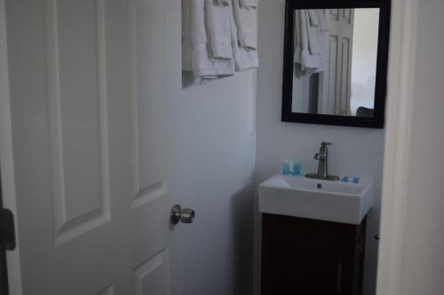 ein weißes Badezimmer mit einem Waschbecken und einem Spiegel in der Unterkunft Stone Mountain Lodge in Lyons
