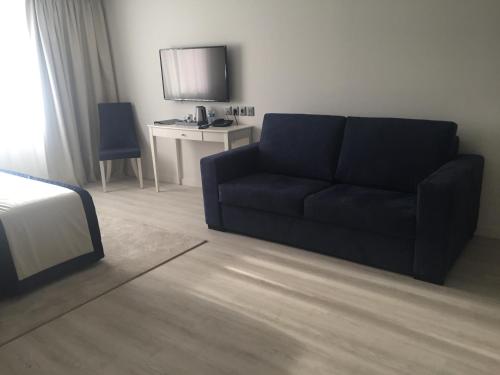 a black couch in a living room with a bed at HOTEL LES 3 VALLÉES in Saran