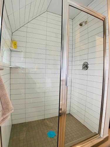 a shower with a glass door in a bathroom at Birdhouse on Green Lake in Seattle
