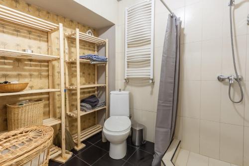 La salle de bains est pourvue d'une douche et de toilettes. dans l'établissement Vagabond B&B, à Tbilissi