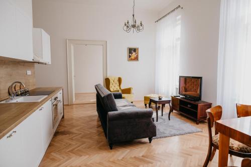 uma cozinha e sala de estar com um sofá e uma televisão em CASSOVIA accommodation em Košice