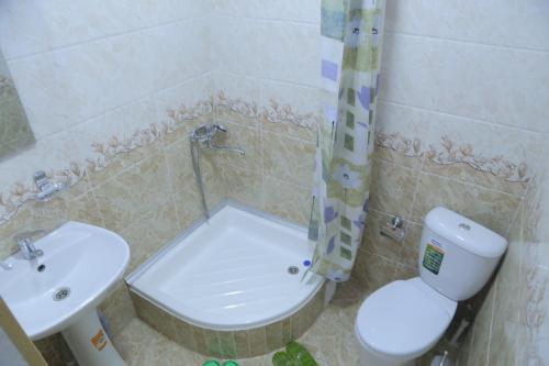 a small bathroom with a toilet and a sink at Khiva Ibrohim Guest House in Khiva