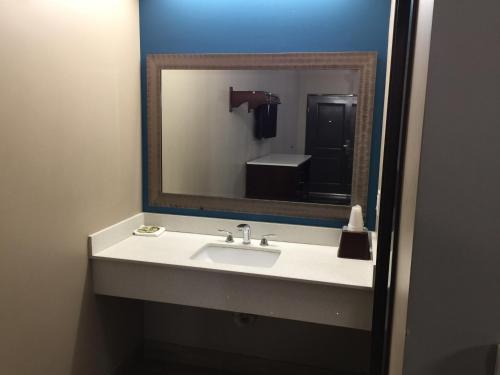 a bathroom with a sink and a mirror at Crystal Palace Inn in Maywood