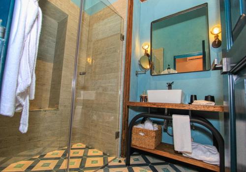 a bathroom with a shower and a sink and a mirror at Antigua Trece Hotel Fusión in Guanajuato