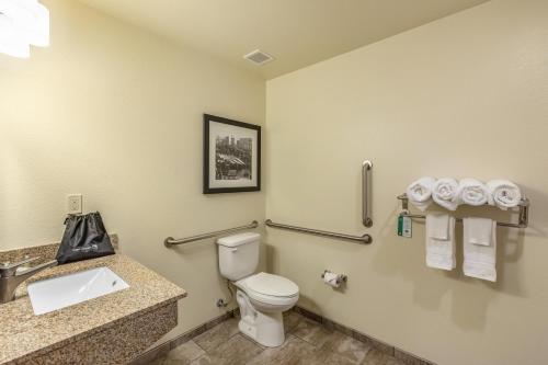 a bathroom with a toilet and a sink and towels at Cobblestone Hotel & Suites - Stevens Point in Stevens Point