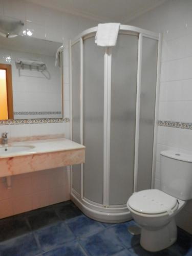 a bathroom with a shower and a toilet and a sink at Hotel Doña Maria in Gijón