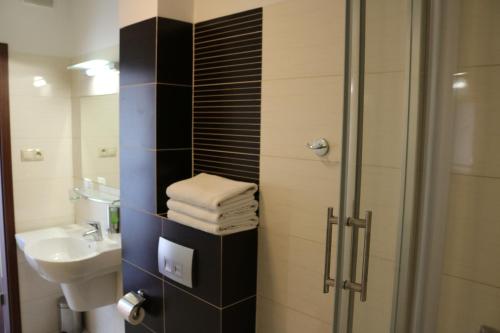 キェルツェにあるHotel DYMINYのバスルーム(シャワー、洗面台、トイレ付)