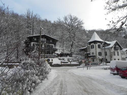 a snow covered road in front of a house at Bilz-Pension in Radebeul
