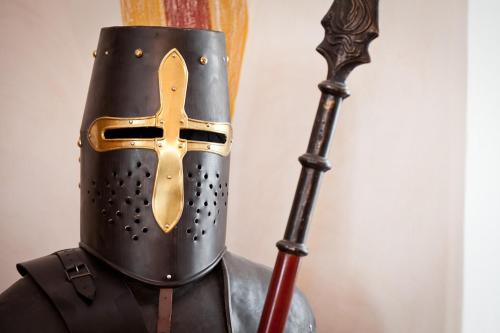 a person wearing a helmet and a spear at Burg Plankenstein in Texing