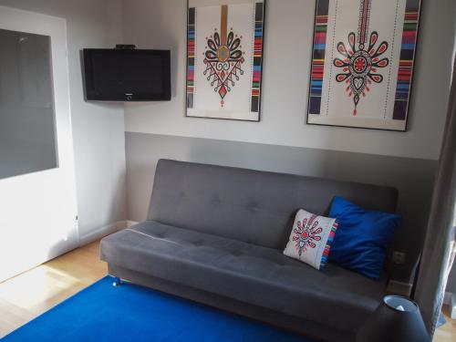 a living room with a couch and a tv at MSC Apartments Gościnny in Zakopane