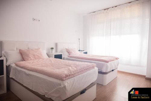 two beds in a white bedroom with a window at Camino de Finisterre in Mazaricos