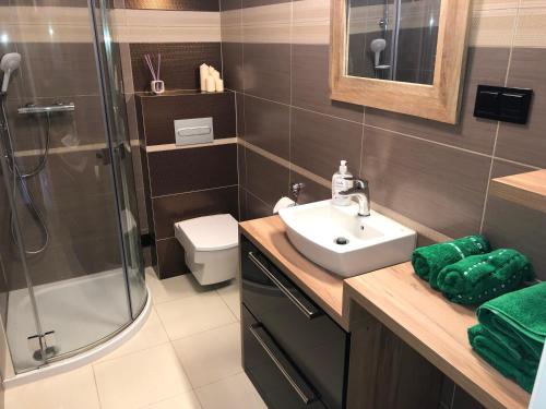 a bathroom with a sink and a shower and a toilet at Goleniow Apartment in Goleniów