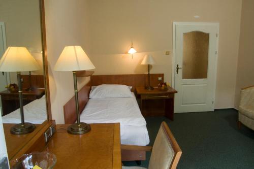 a hotel room with a bed and a mirror at Dr. Adler Spa & Kurhotel in Františkovy Lázně