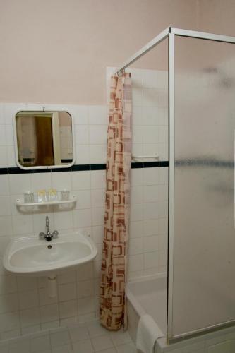 a bathroom with a sink and a shower at Dr. Adler Spa & Kurhotel in Františkovy Lázně