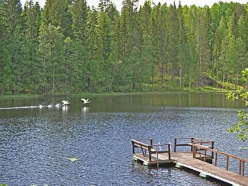 two birds flying over a lake with a dock at Holiday Home Rantamaja by Interhome in Kittilä