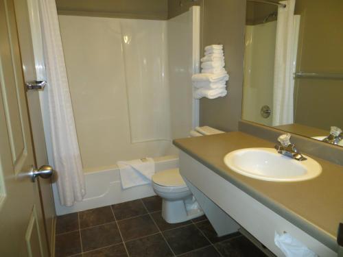 a bathroom with a sink and a toilet and a shower at Village Creek Country Inn in Westerose