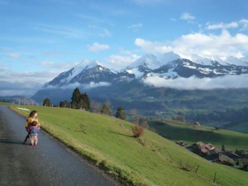a child standing on a road with mountains in the background at Apartment Ferienhaus Niesen View by Interhome in Erlenbach im Simmental