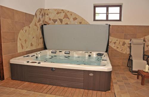 a jacuzzi tub in the middle of a bathroom at Penzion na Faře in Dubenec