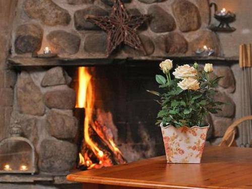 eine Vase mit Blumen auf einem Tisch vor einem Kamin in der Unterkunft Holiday Home Kultaranta by Interhome in Pätiälä