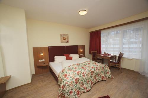 ein Hotelzimmer mit einem Bett, einem Tisch und einem Fenster in der Unterkunft Mountain Motel in Kaprun