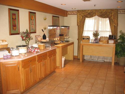 a kitchen with wooden cabinets and a large window at Country Inn & Suites by Radisson, Holland, MI in Holland
