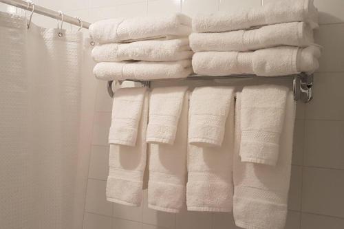 um monte de toalhas num cabide na casa de banho em 1-Bedroom Cozy Sweet #22 by Amazing Property Rentals em Gatineau